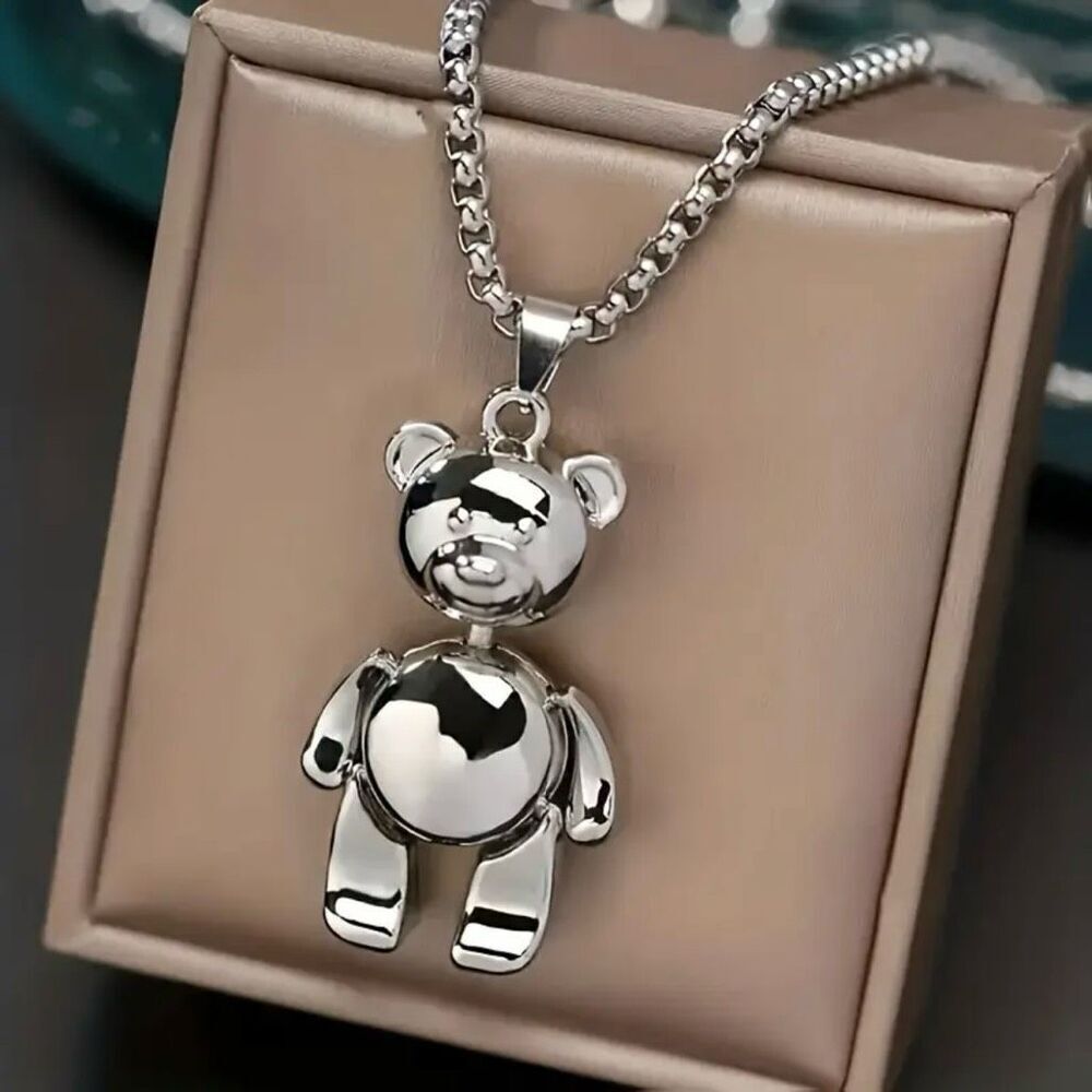 NWT Silver Teddy Bear Pendant 28”Long Chain moving parts Arms head legs Necklace